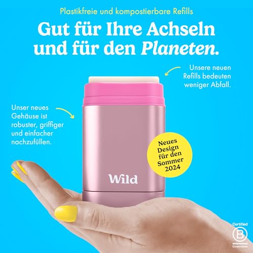 Wild - Natürliches Nachfüllbares Deodorant-Starter-Set mit pinkfarbenem Case und nach Fresh Cotton & Sea Salt duftende Nachfüllpackung (40g) - Aluminiumfrei - Lang anhaltender Schutz - Vegan