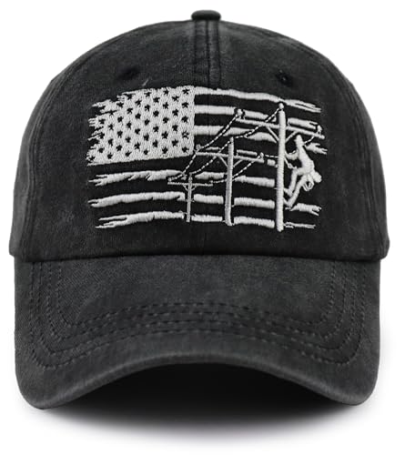 Vxchkerm Lineman American Flag Hat,Adjustable Embroidery Line Worker Baseball Cap,Fathers Day Christmas Birthday Lineman Gifts for Men,Electrician,Dad,Husband Black