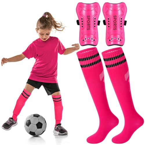 Syhood Soccer Shin Guards and Socks for Toddler Kids Youth, Lightweight Soccer Shin Pads Protective Defender Gear for 3-5, 5-10, 10-15 Years Old Children Teen Boys Girls Sports Game(S Size,Pink)