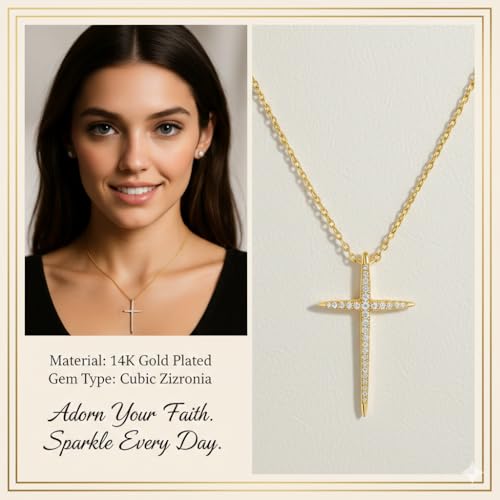 Image of URTHEONE Moissanite Cross Necklace for Women, 925 Sterling Silver 14KGold Plated Necklaces with Sparkling Moissanite Pendant, Faith Women's Jewelry, Trendy Gift for Women Mom Friend