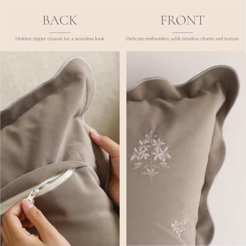 BlissBlush Lumbar Pillow Cover 12x20, Taupe Velvet Decorative Lumbar Pillow Cover, Floral Accent Cushion Cover with Embroidery and Scalloped Edge for Couch Sofa Bed, Cover ONLY - image 5