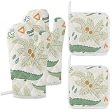 Green Croc Leaf Triangle Oven Mitts and Pot Holders Sets Potholders for Kitchens Muli-Purpose Soft Lining and Convenient Lanyard Oven Mitt Set for Home Kitchen Cooking Baking BBQ