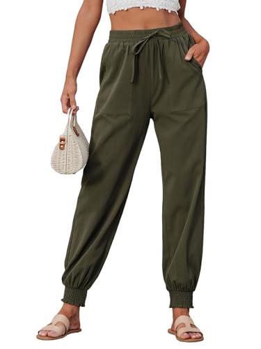 CUPSHE Women Pants Tapered Leg Smocking Drawstring High Rise Pant Casual Summer
