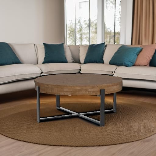 Miniatura 5 de Mesa de centro redonda de empalme retro moderna de 31.29 pulgadas, mesa de madera de abeto con base de patas cruzadas negras