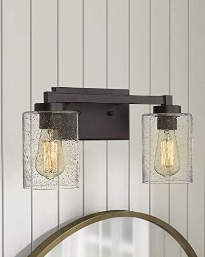 Image of Beionxii 2 Light Bathroom Vanity Lights, Vintage Wall Sconce Oil Rubbed Bronze with Clear Seeded Glass 16 inch W x 8.75 inch H - MB9002-2