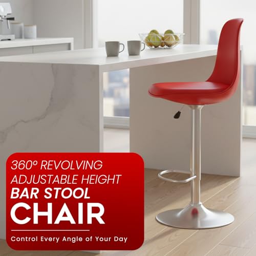 Image of DIYA Seating Solutions 360 Revolving Adjustable Height Bar Stool Chair with Chrome Metal Base & Footrest for Kitchen, Dining, Cafe | 1 Year Warranty | Leatherette Upholstery- Red (Pack of 4)