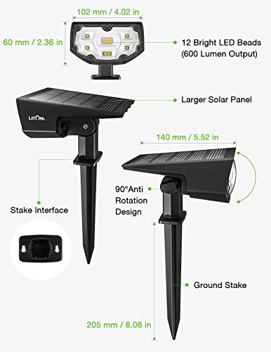 LITOM 12 LED Solar Landscape Spotlights, IP67 Waterproof Solar Powered Wall Lights 2-in-1 Wireless Outdoor Solar Landscaping Lights for Yard Garden Driveway Porch Walkway Pool Patio 4 Pack Warm White