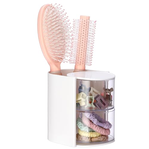 OLegei 2-Layer Hair Accessories Organizer with Hair Brushes Holder Rotatable Trinket Box for Ring Earring Desktop&Bathroom Organizer Deawer for Makeup Brushes Hair Accessories Cotton Swab White