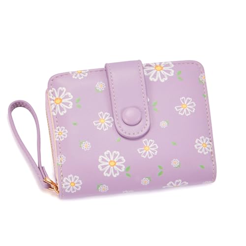 LZSXDWXY Women's Wallet, Fashion Cute Daisy Flowers Print Wallets with Exterior Zipper Around Coin Purse Bifold Bill Wallet with Credit Card Holder Id Window