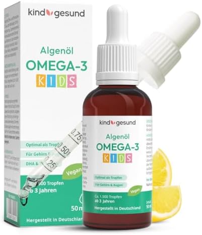 Omega 3 Kinder Tropfen – vegan – 50 ml Algenöl (66 Tage) – kindgerecht dosiert: 205 mg DHA + 103 mg EPA pro Tagesdosis – mit Zitronengeschmack - ab 3 Jahren