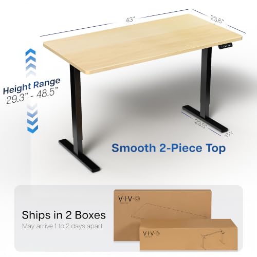 Image of VIVO Electric 43 x 24 in Standing Desk, Memory Height Adjustment, 1B Series, Holds 220 lbs, One-Piece Light Wood Top, Black Frame, DESK-KIT-1B4C