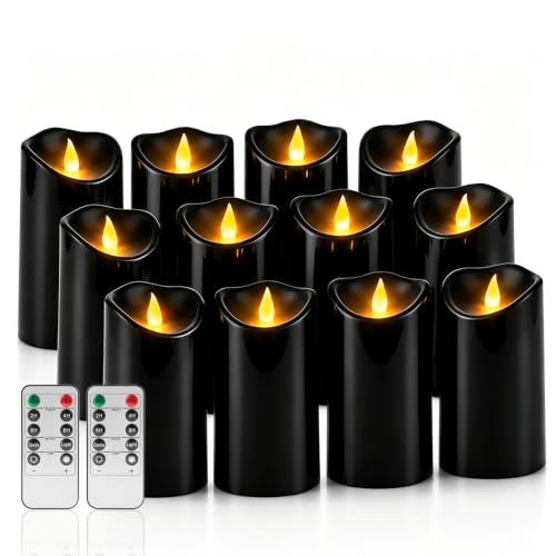 Image of Flameless Candles 3 inchD X 6 inchH Set of 12 Outdoor Indoor Ivory Pillars Battery Operated Flickering Candles Include 8-Key Remote Timer Function, Black Waterproof Candles for Wedding, Aniversary Decor