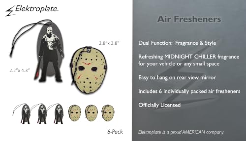 Image of Elektroplate Friday the 13th Jason Car Air Freshener Variety 6-Pack | Officially Licensed, Long-Lasting Midnight Chiller Scent, Vivid Jason Graphics, Versatile Hanging Design
