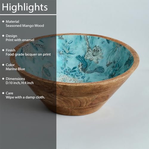 Image of SAAGA Printed Mango Wood Serving Bowl - 10 x 4 Inch Handcrafted Round Wooden Bowl | Food-Grade Finish for Noodles, Soups, Curries & Snacks - Marine Blue