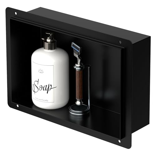 LuxeBath Nicchia a Parete senza Bordo in Acciaio Inossidabile 20x30x10 cm Nero Nicchia da Muro senza Cornice per Bagno Ripiano da Incasso senza Telaio per Doccia Contenitore per Utensili da Bagno