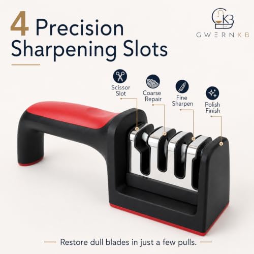 Image of GwernKB 4-in-1 Manual Knife Sharpener Tool for Kitchen, Kitchen Knife Sharpener for Home with Tungsten Steel & Ceramic Slots, Scissor Slot, Non-Slip Base & Ergonomic Handle