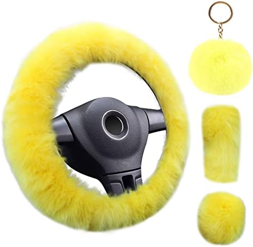 YSLSLOO 4PCS Set Fluffy Steering Wheel Covers with Handbrake Cover & Gear Shift Cover & Plush Keychain Steering Wheel Cover for Women Furry Car Accessories Universal Fit 14.96Inch (Yellow)