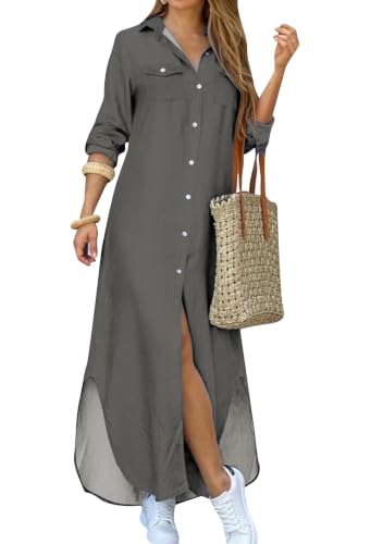 Image of YMING Women's Long Sleeve Button Down Shirt Dress Spring Casual Maxi Dresses Loose Fit Blouse Dress with Pockets