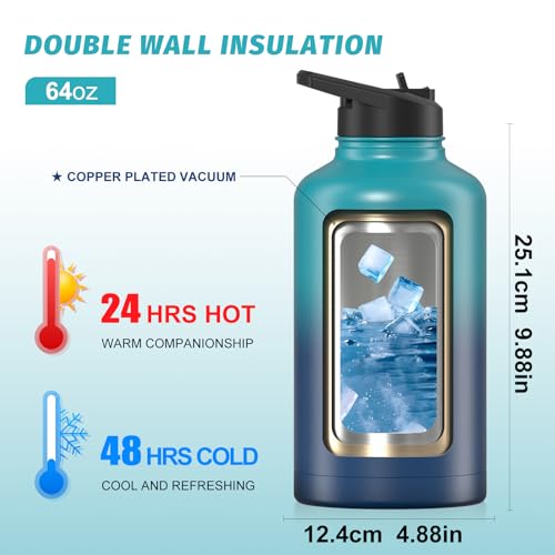 Image of 64oz Insulated Water Bottle (Cold for 48 Hrs),BPA Free&Leak Proof,Half Gallon Stainless Steel Water Flask,Water Jug with Straw Spout Lids for Gym,Hiking,Camping,Gradient Blue