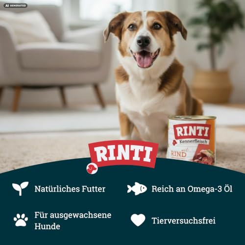 RINTI - Kennerfleisch | Nassfutter mit 70% Fleisch für ausgewachsene Hunde. Getreidefreies Alleinfutter in der Dose ohne Soja, Farb- und Konservierungsstoffe | 12x800g Rind