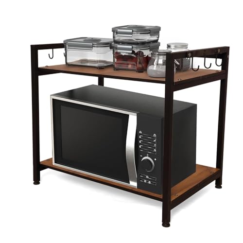Image of Heavy Duty Metal Microwave Oven Stand with Storage Shelves | 2 Tier Kitchen Organizer Rack with Hooks | Suitable for Microwave, OTG & Kitchen Appliances