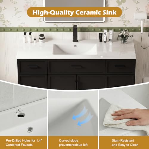 Image of 48 Inch Bathroom Vanity with Sink and Countertop, Modern Farmhouse Bathroom Vanity Cabinet with Soft Close Doors & 6 Drawers, Freestanding Single Sink Bathroom Storage Cabinet, Black
