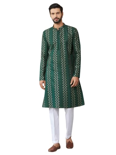 Image of See Designs Men's Long Sleeve Mandarin Collar Side Slit Embroidered Thread Work Sequinned Chanderi Silk Straight Kurta with Pyjama