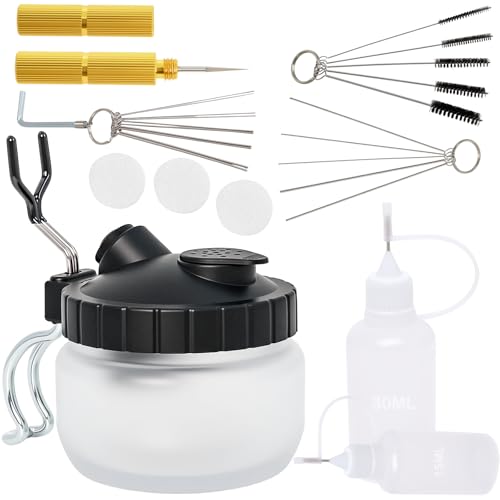 Poweka Airbrush Reinigungsset mit 5 Reinigungsbürsten, 5 Reinigungsnadeln, Reamer,Airbrush-Reinigungstopf Airbrush Reiniger, Tropfflaschen