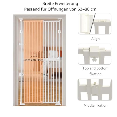 unipaws Katzenschutzgitter 190 cm extra hoch, automatisch schließend, ohne Bohren, Türschutzgitter für Katzen & Hunde, 53–86 cm Breite, Weiß