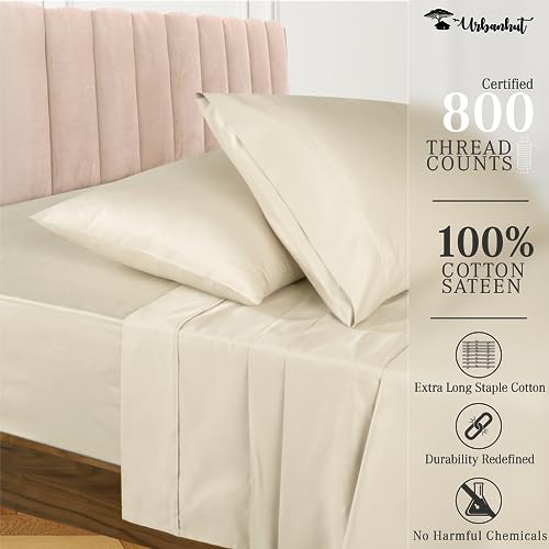 URBANHUT 800 Thread Count King Size Egyptian Cotton Sheets Set, 4 Pc Bed Sheet Sets for King Size Bedding, Luxury Hotel Sheets Sateen Finish Fits 16" Deep Pocket - Ivory