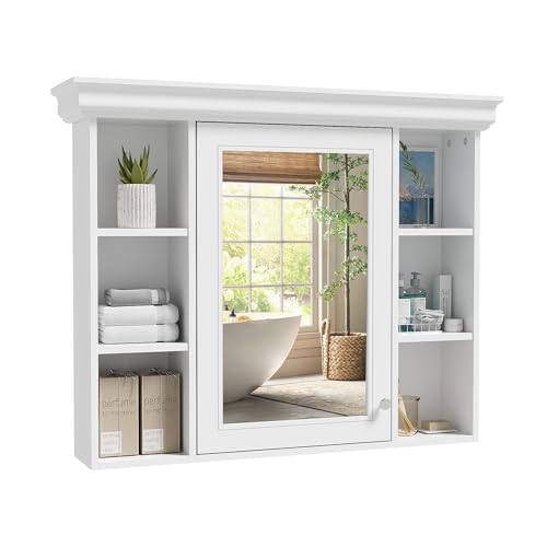 Merax Country Bathroom Medicine Cabinet with Mirror, Farmhouse Wall Mounted Medicine Cabinet with Door and Shelves, Over The Toilet Mirrored Bathroom Storage Wall Cabinet