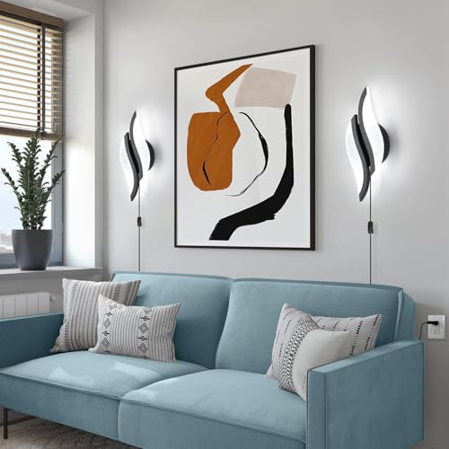 Image of CANEOE Plug in Wall Sconces Set of Two 6000K Black Modern LED Wall Light Fixtures Acrylic Wall Sconce Lighting for Living Room Bedroom Bedside Bathroom Hallway Stairway Wall Lamp