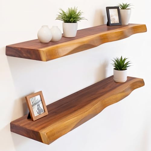 Gamoora Solid Wood Floating Shelves Set of 2 - Handcrafted with Authentic Live Edge Design for...