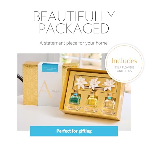 AGRARIA at The Beach PetiteEssence Collection, Handmade Sola Flower Reed Diffuser Set of 3, Luxury Home Fragrance Scented Oil Diffuser Gift Set