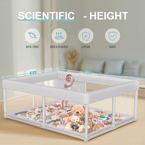 Image of Baby Playpen with Mat 65 x 50 Inch, PlayPen for Babies and Toddlers, Sturdy Safety Play Yard for Indoor & Outdoor with Zipper Gates