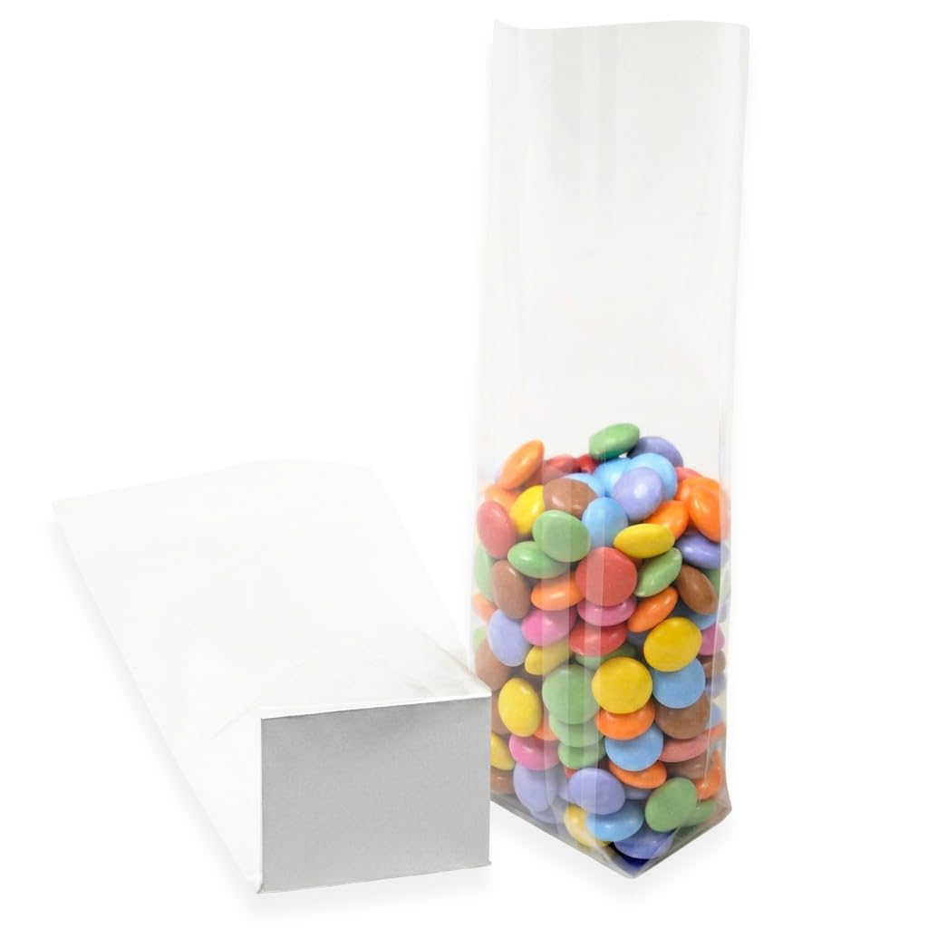 Bag It Plastics Clear Cellophane Sweet Bags with Card Base (Pack of 500) – Block Bottom Gift Bags – 22x5.5x3.7cm (8.6"x2.2"x1.5") – Perfect for Sweets, Cookies, Treats & Favors