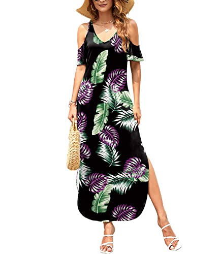 Gracyoga Maxi Dress For Women Casual Summer V Neck Cold Shoulder Short Sleeve Split Long Beach Dresses With Pockets #TOP2
