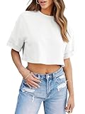 Tankaneo Women Crop T-Shirts Half Sleeve Drop Shoulder Cropped Tops Y2K Casual Summer Basic Tees White