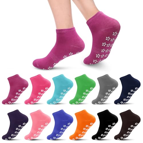 ETQSI 12 pares de calcetines de yoga antideslizantes para mujer, calcetines de yoga con agarres de color sólido, calcetines de tobillo a granel para el hogar, Color: 12 pares/Sakura-multi, 5.5-9 Tall