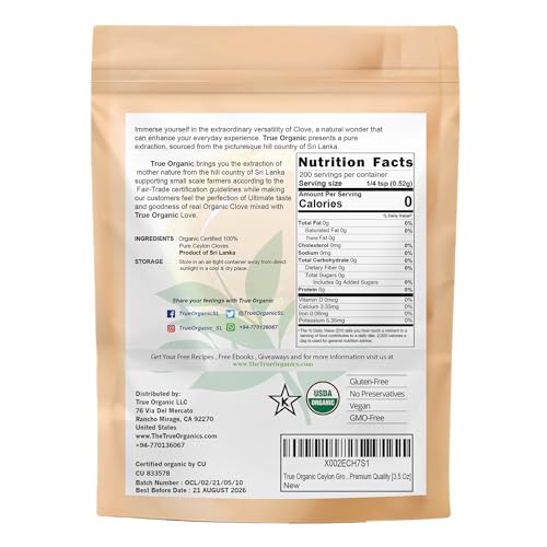 True Organic Ceylon Ground Cloves, 3.5 ounces, Organic Clove Powder USDA Organic & Kosher Certified, Non-GMO, Fresh Ground Cloves, Pure Ceylon Premium Quality.