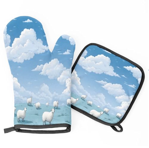 Sky Meadow Sheep Oven Mitts Kitchen Oven Gloves for Cooking Baking Heat Proof Lining Cotton Kitchen Potholder Mittens Pot Holders Hot Pads for Chef Women Men