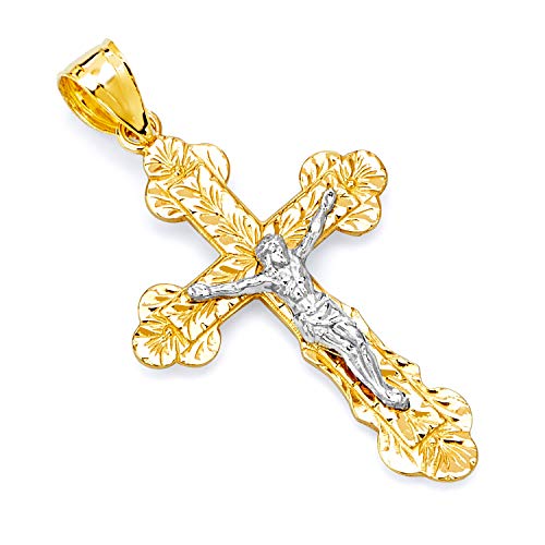 14k Two Tone Gold Crucifix Cross Pendant - Religious Charm, 35x15mm, 1 Gram, Real Gold - View #3