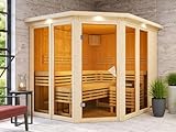 Karibu Nuri Sparset Sauna, 216x181x192 cm Innensauna, Eckeinstieg, 4 Fenster, 3 Liegen, 9 kW Ofen, Steuergerät Bio, Systembauweise, Espenholz, bronzierte Glastür, Inklusive Dachkranz, 0 x 0 x 0 cm