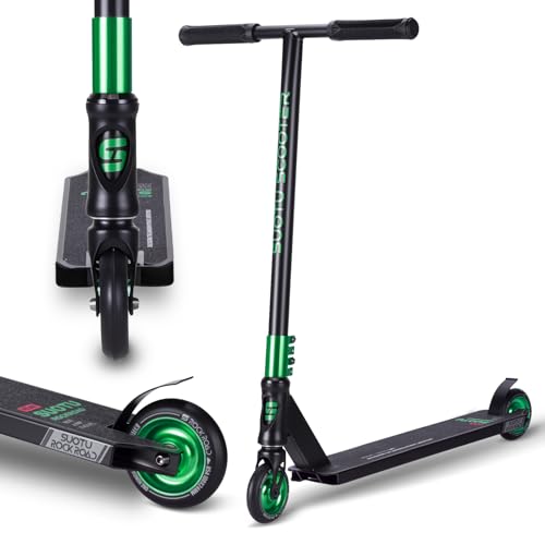 SUOTU Stunt Scooter, 360° Lenkung, Stunt Roller mit 100mm 85A PU Räder, Stand Roller für Kinder Jugendliche und Erwachsene, Tragfähigkeit: 100 kg, Aluminium (Schwarz-Grün)