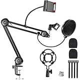 Aenloud Microphone Arm Stand,Adjustable Built-in spring Mic Arm Stand with 3/8" to 5/8" Adapter,Shock Mount, Mic Holder/Clip,Pop filter,Phone Holder,for Blue Yeti Snowball & Other Mics