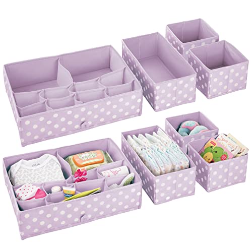 Image of mDesign Fabric Drawer Organizer Bins, Kids/Baby Nursery Dresser, Closet, Shelf, Playroom Organization, Hold Clothes, Toys, Diapers, Bibs, Blankets, Set of 4, 2 Pack, Purple/White Polka Dot