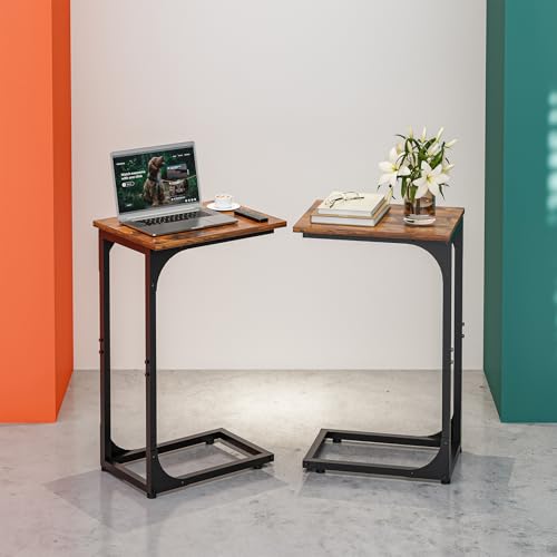 Image of C-Shaped Side Table for Couch - Small Coffee Stand Sofa Tray Desk with Metal Frame and Waterproof Scratch Resistant, Modern End Accent for Living Room, Bedroom, Set of 2, Rustic Brown