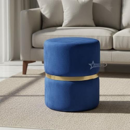 Image of Round Single Strip Upholstered Stool Living Room Foot Rest Linen Fabric Padded Seat Pouf Ottoman Office Stool Blue