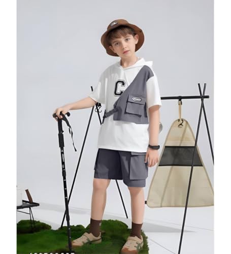 Image of Kids Boys 3-Piece Outfit Set | Half Sleeve T-Shirt, Utility Vest & Cargo Shorts with Cap | Stylish Casual Summer Clothing Set for Boys