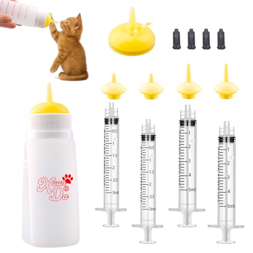 Xuanda Kitten Bottle Feeding kit with Feeding Nipple and Syringe Soft Silicone Nursing Pet Feeding Bottle Ventilation Valve Resistant Tearing for Small Puppies Kittens Rabbit (M Nipple-Yellow)